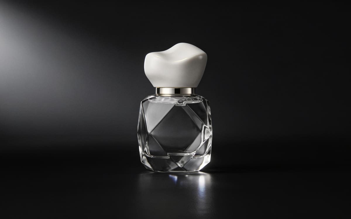 An abstract faceted glass perfume bottle with soft refractions on a black background