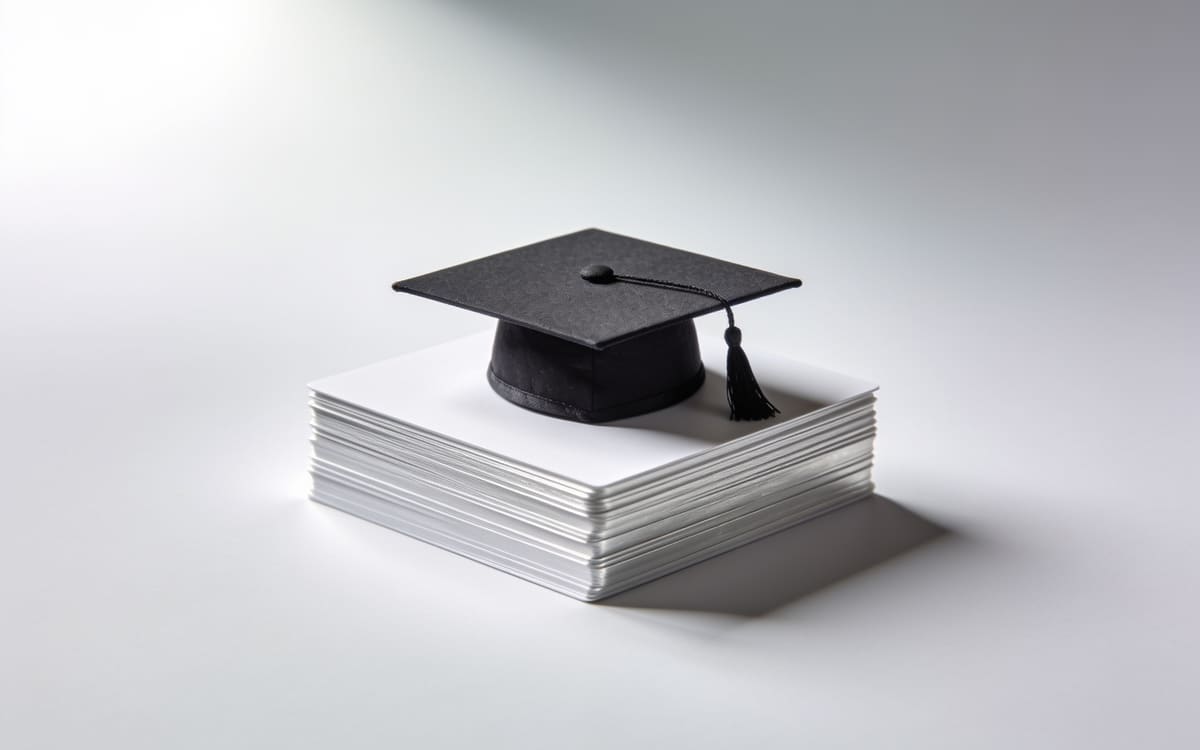 A graduation cap resting on a neat stack of blank cards on a light grey studio background