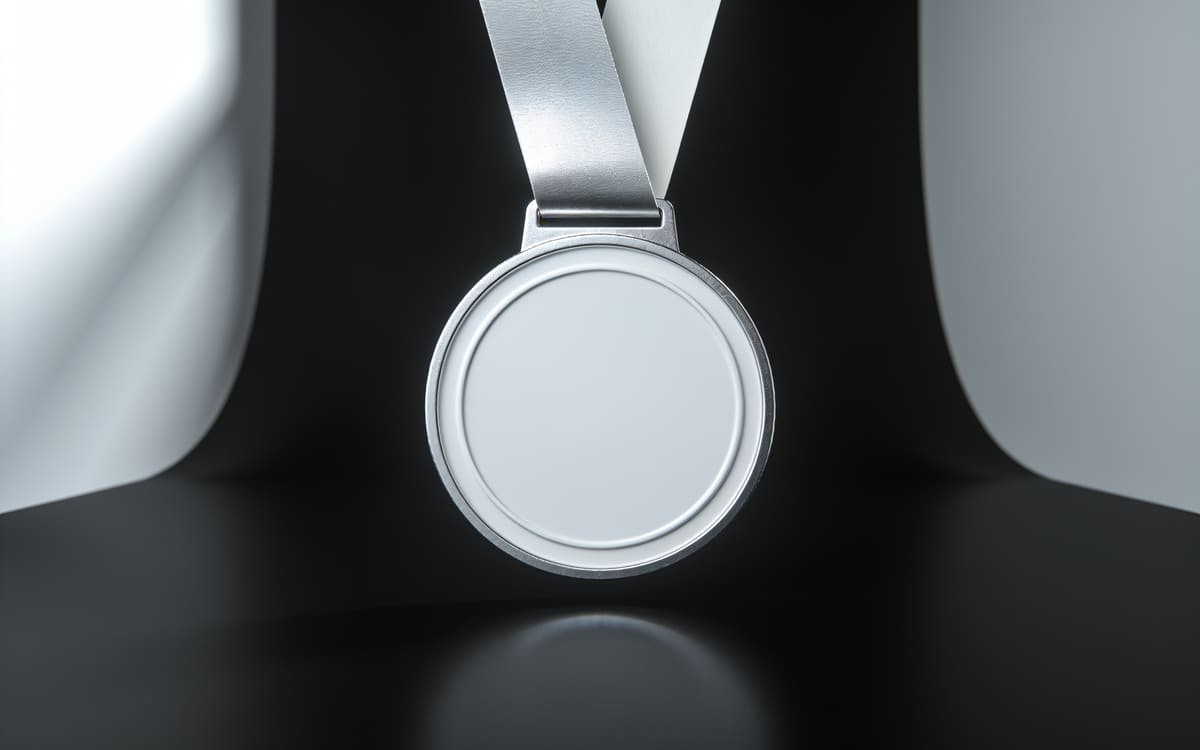 An embossed silver certificate medal with a folded ribbon on a black background