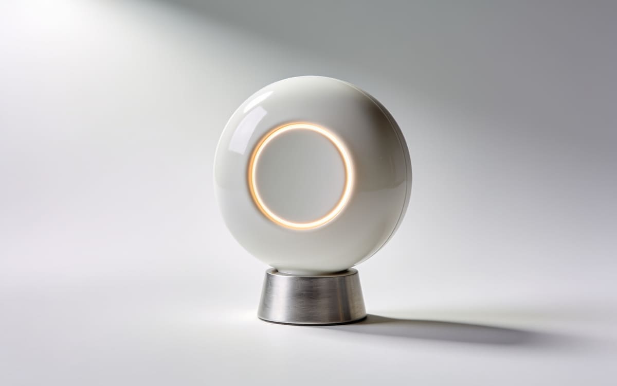 A white ceramic meter disc with a softly glowing warm ring on a brushed silver stand, on a light grey studio background