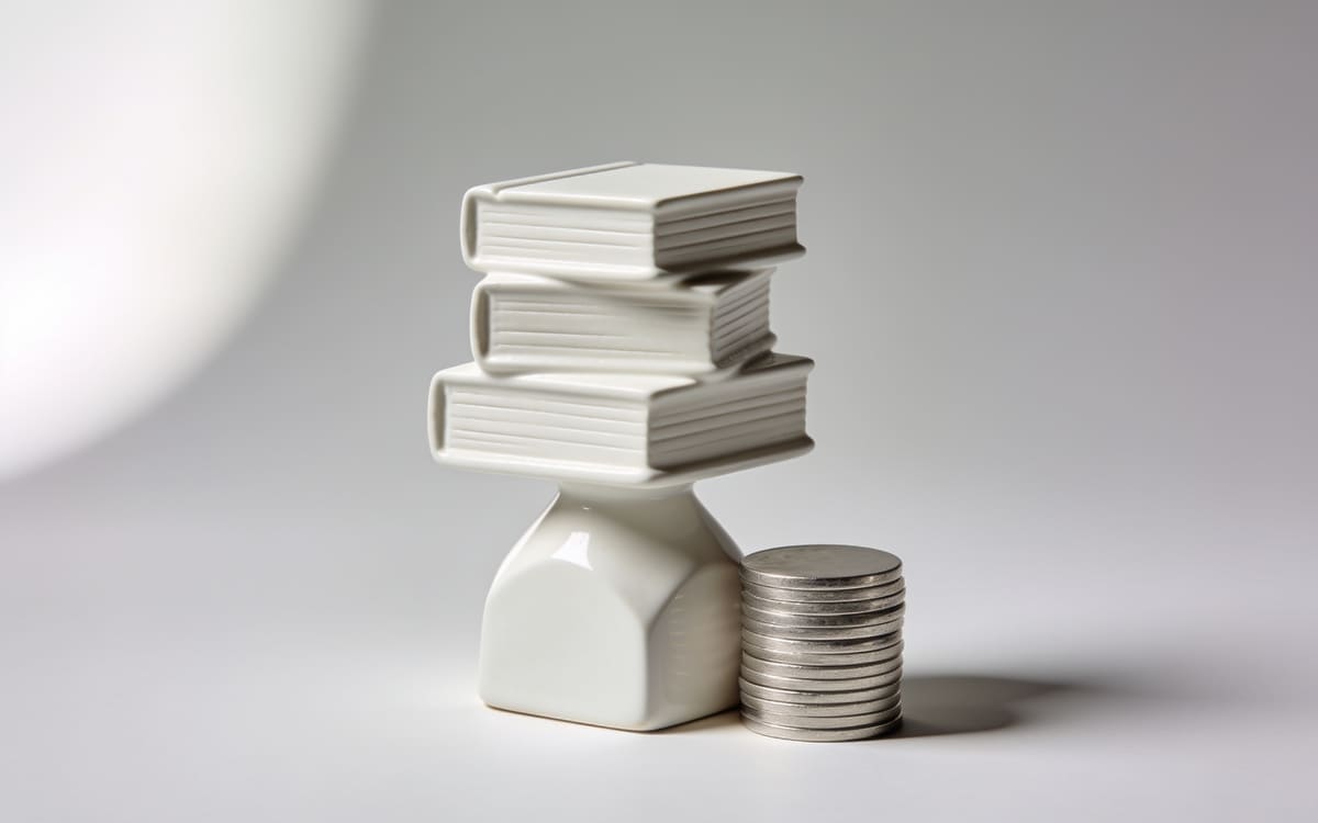 Balanced ledger blocks beside a neat stack of brushed aluminium coins on a light grey studio background