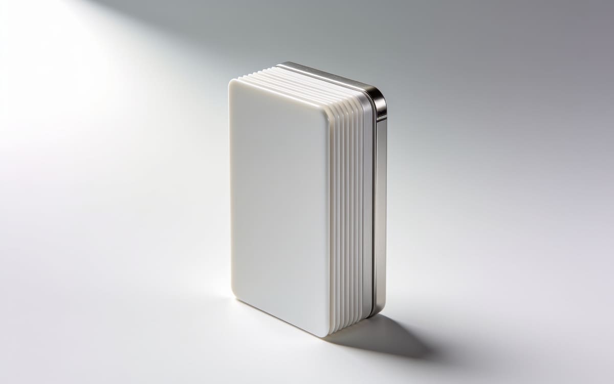 A precise stack of white ceramic slabs, like neatly aligned payslips, on a light grey studio background