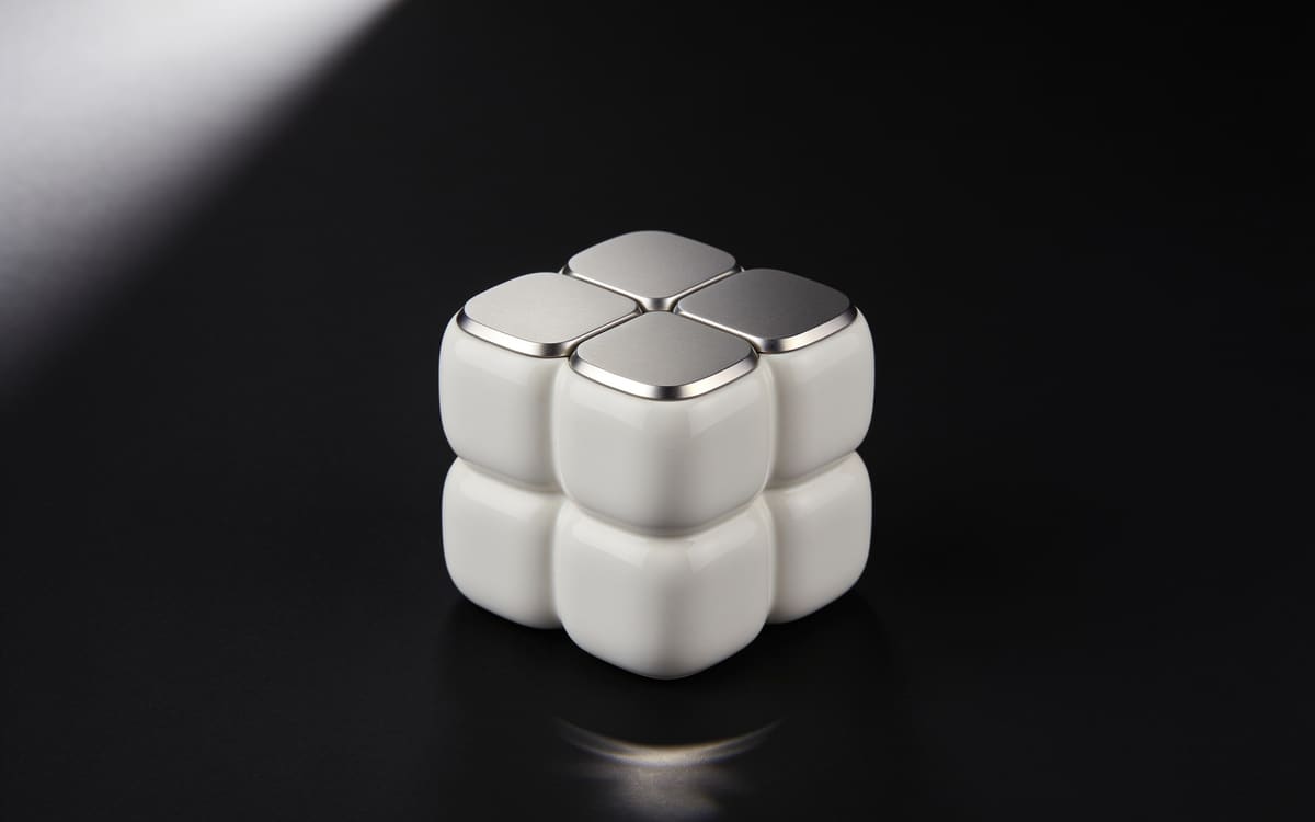 A set of interlocking white and silver modular blocks fitted into one sculpture on a black background