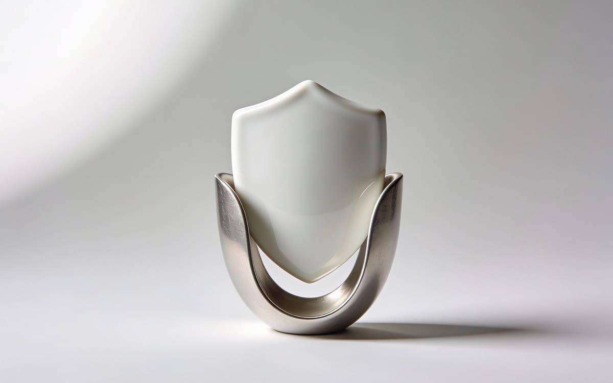 A smooth white shield form cradled by a curved supporting form on a light grey studio background