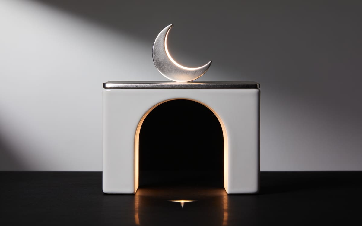 A softly glowing crescent above an arch of warm light on a black background