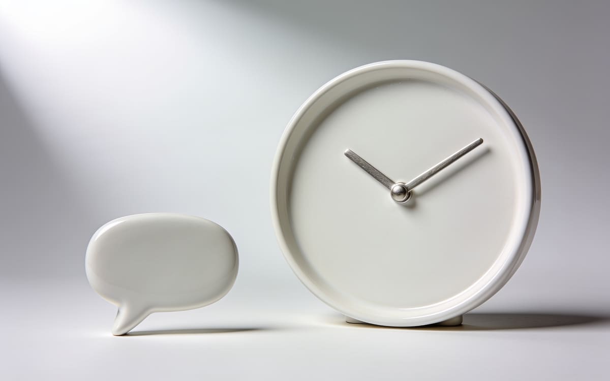 A white ceramic clock with silver hands beside a small white speech bubble form, on a light grey studio background