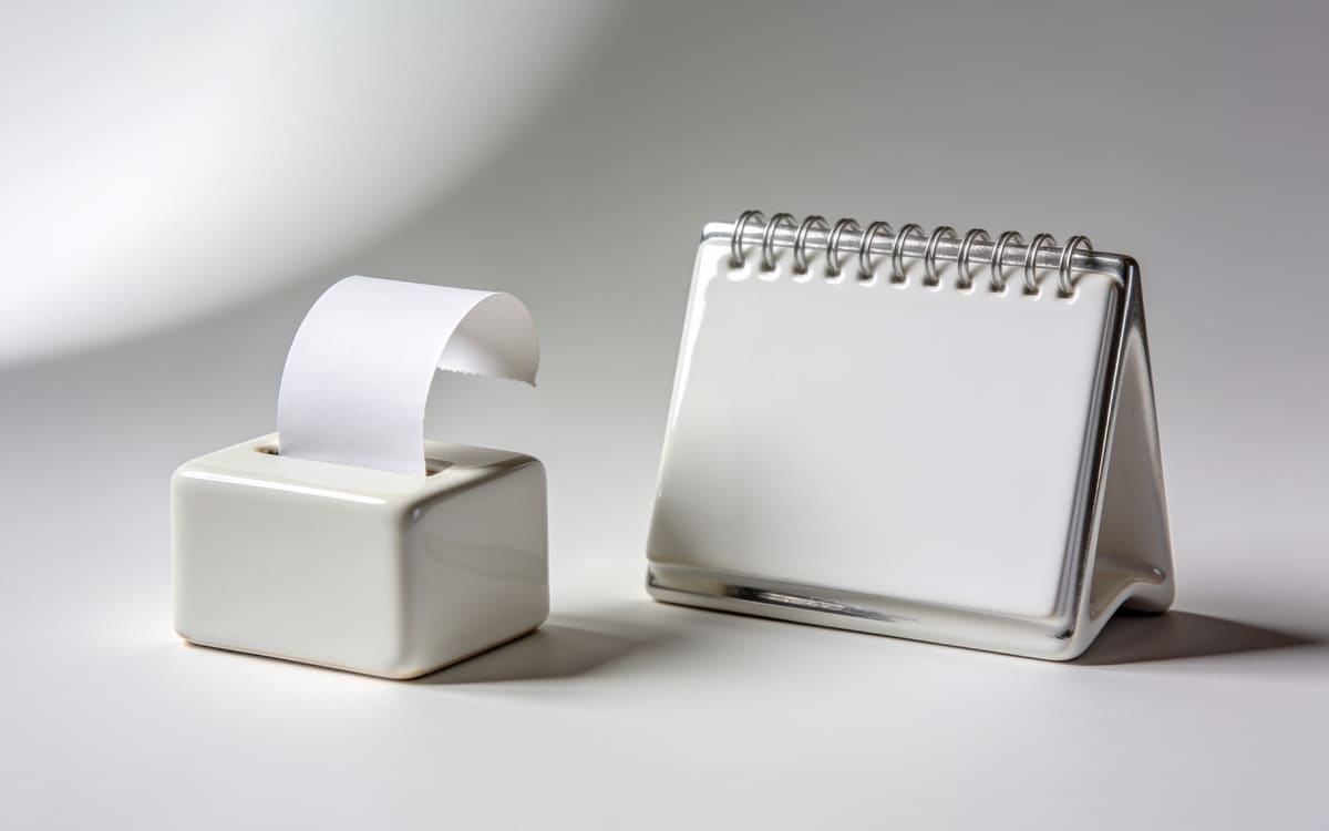 A white ceramic receipt slip curling from a small receipt block beside a blank desk calendar, on a light grey studio background