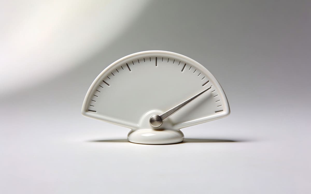 A white ceramic gauge dial with a silver needle pointing high, on a light grey studio background
