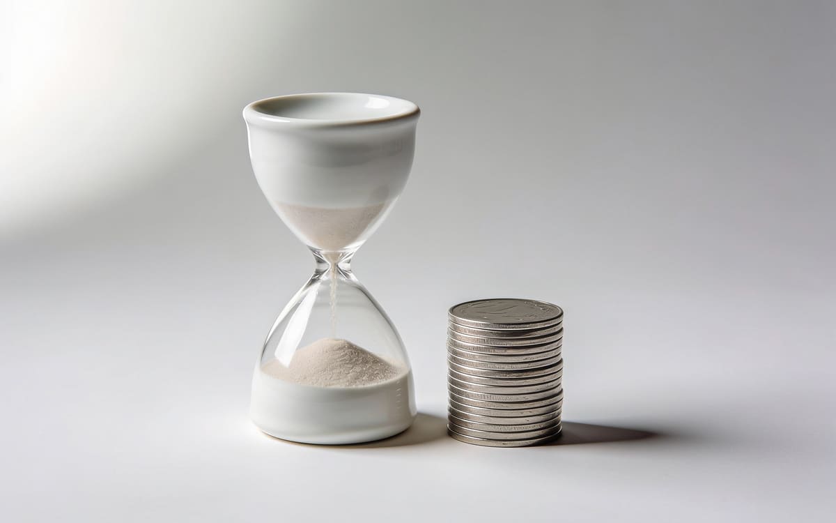 A white ceramic hourglass beside a short stack of silver coins, on a light grey studio background