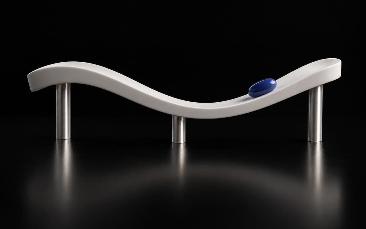 A smooth white ceramic ribbon curving like an elevated highway on slim silver pillars, with one small indigo pebble resting on it, on a black background