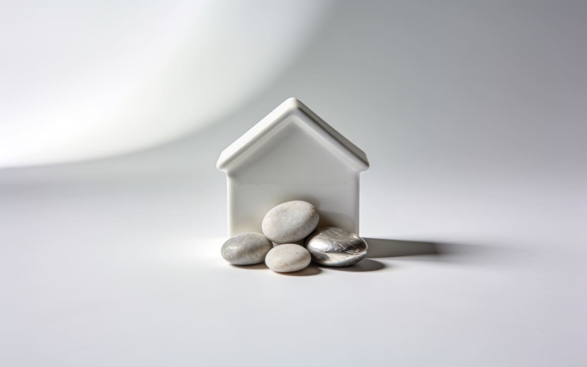 A small white house form with four rounded pebbles clustered in front like a family on a light grey studio background