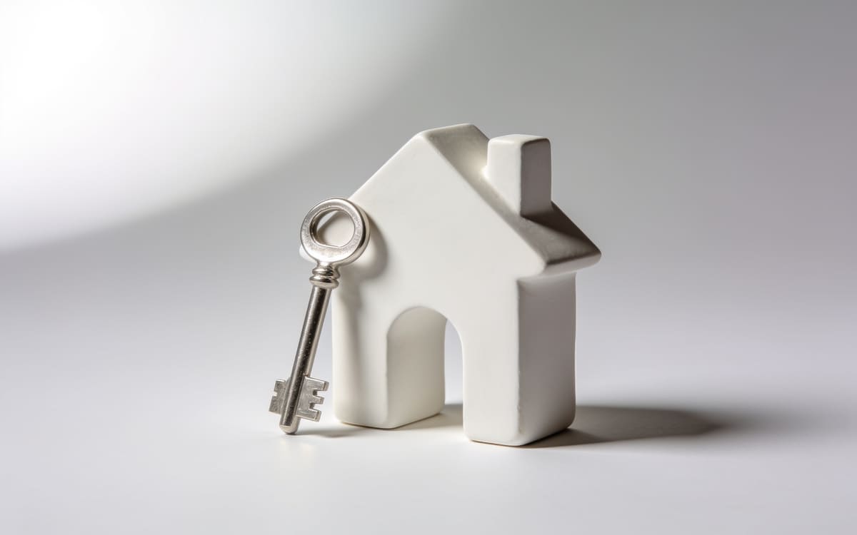 A minimal white house form with a silver key leaning against it on a light grey studio background