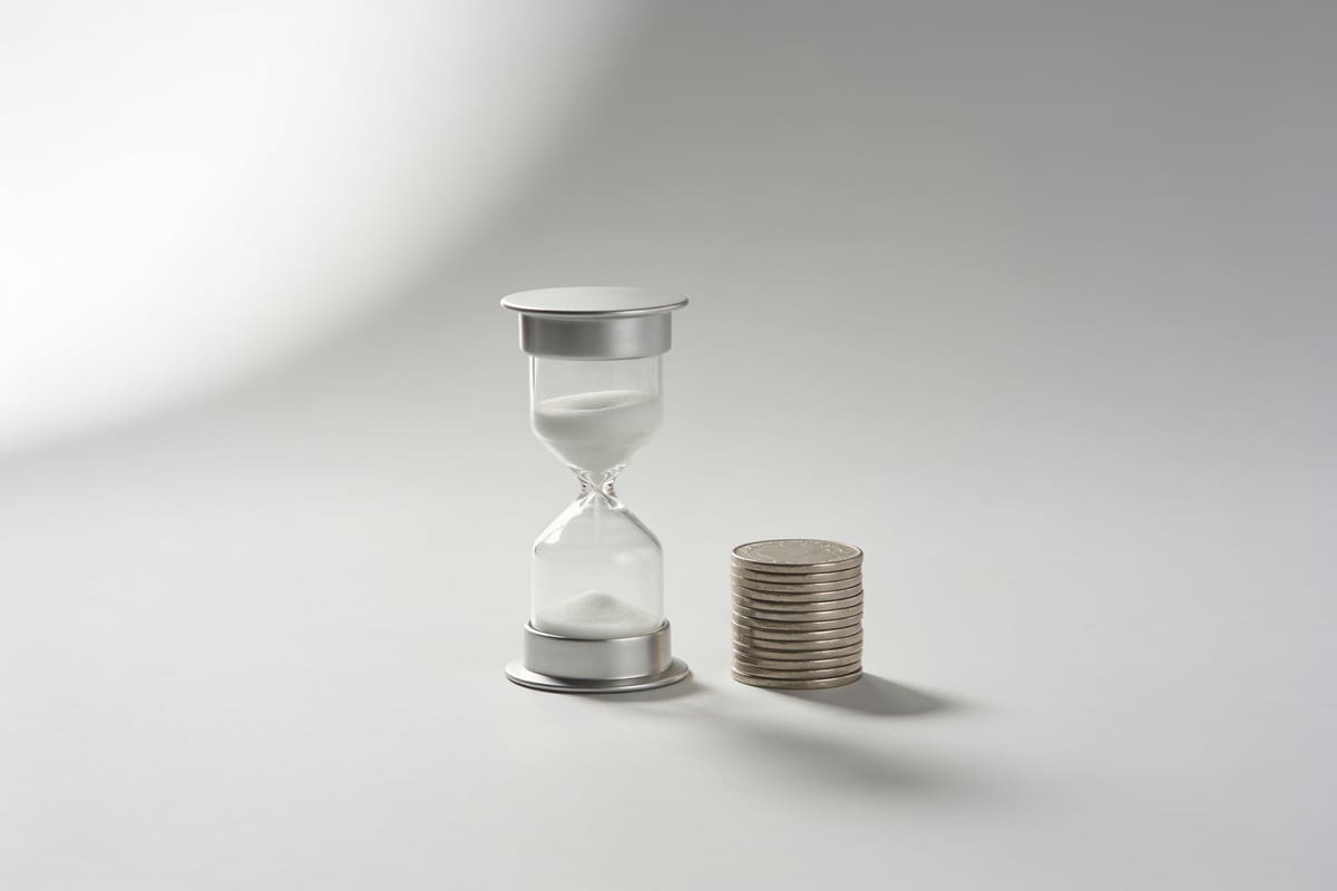 A silver hourglass beside a short stack of plain aluminium coins on a light grey studio background