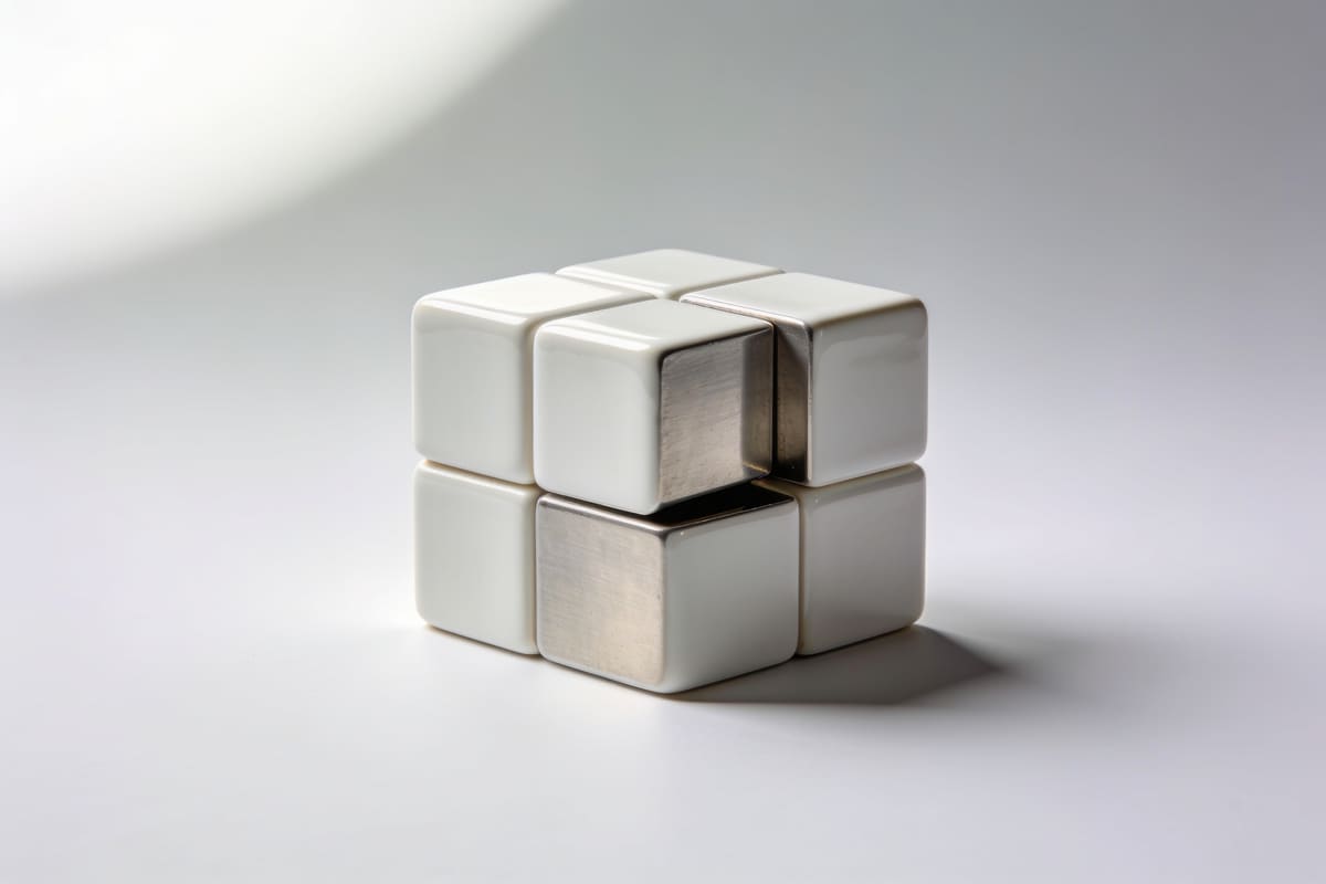 Interlocking white ceramic and aluminium modular blocks fitted into one cube, one block pulled out, on a light grey studio background