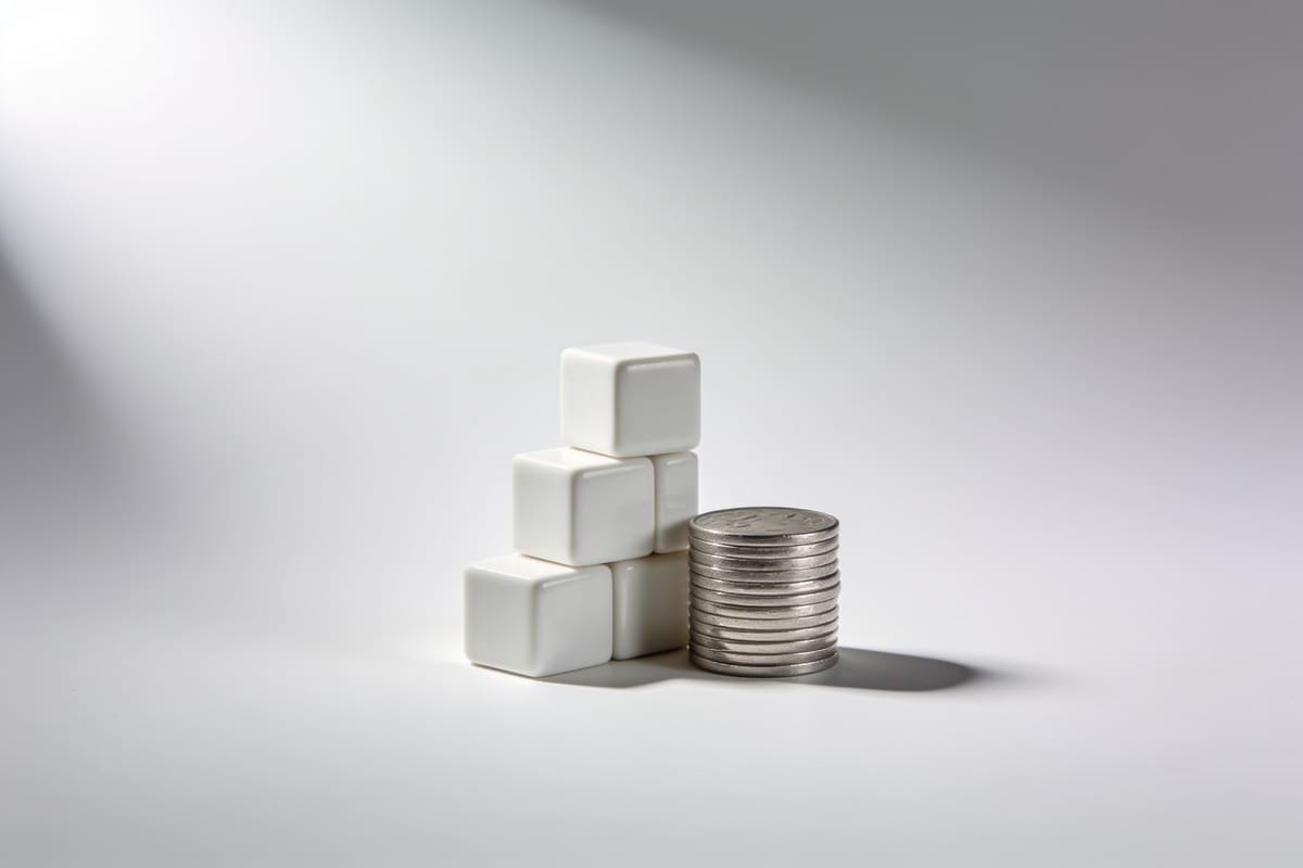 A tower of white ceramic building blocks beside a stack of coins on a light grey studio background