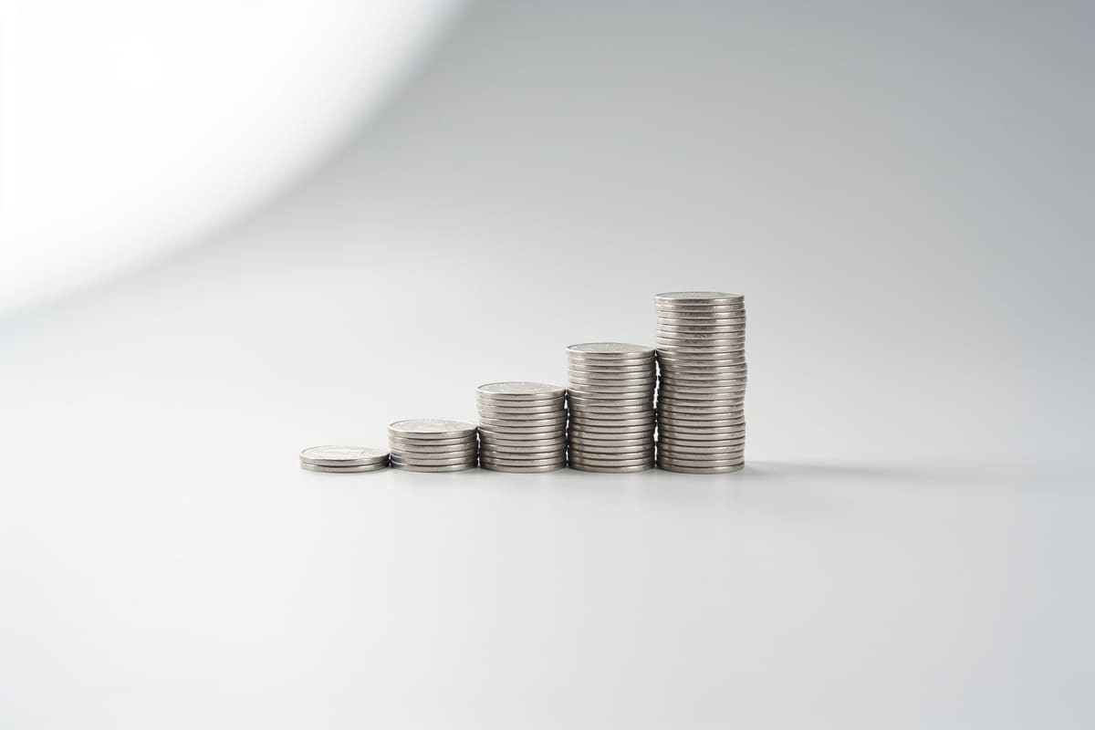 Aluminium coins arranged as an ascending staircase on a light grey studio background