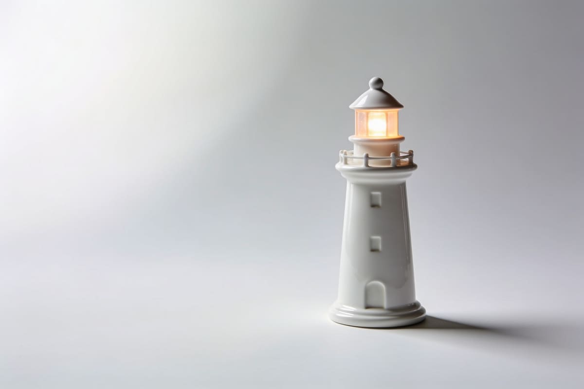 A small white ceramic lighthouse with a warm glowing lamp on a light grey studio background
