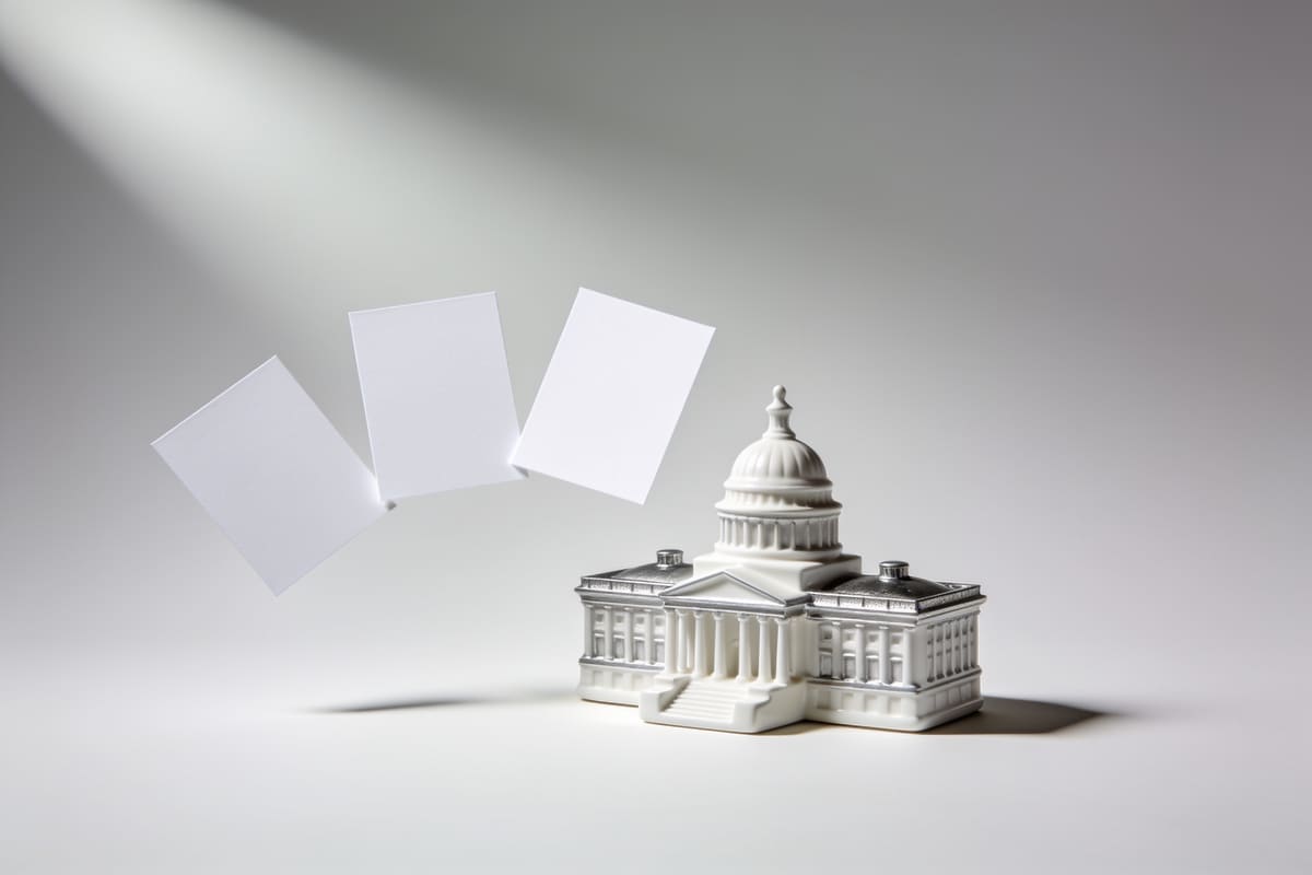 Three blank paper cards gliding toward a small white ceramic government building on a light grey studio background