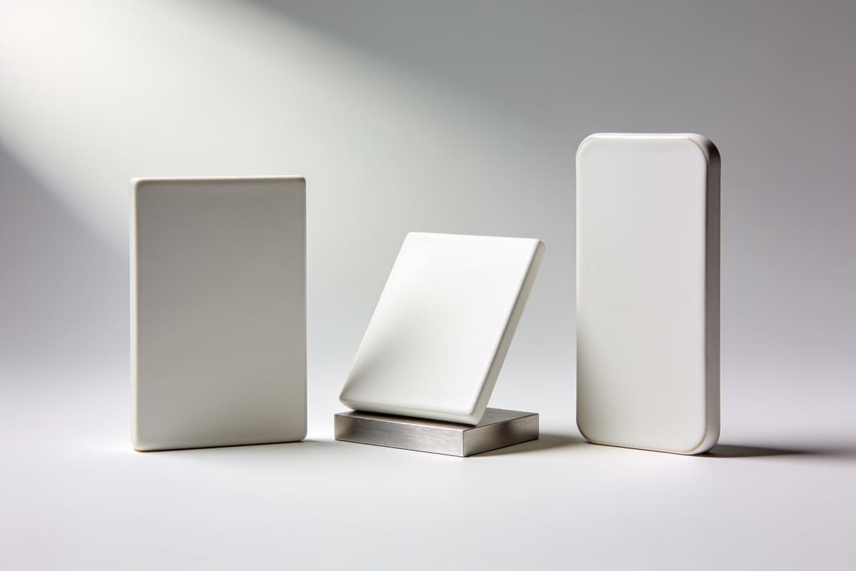 Three blank white ceramic slabs, one upright, one tilted on a silver stand and one slim with rounded corners, on a light grey studio background