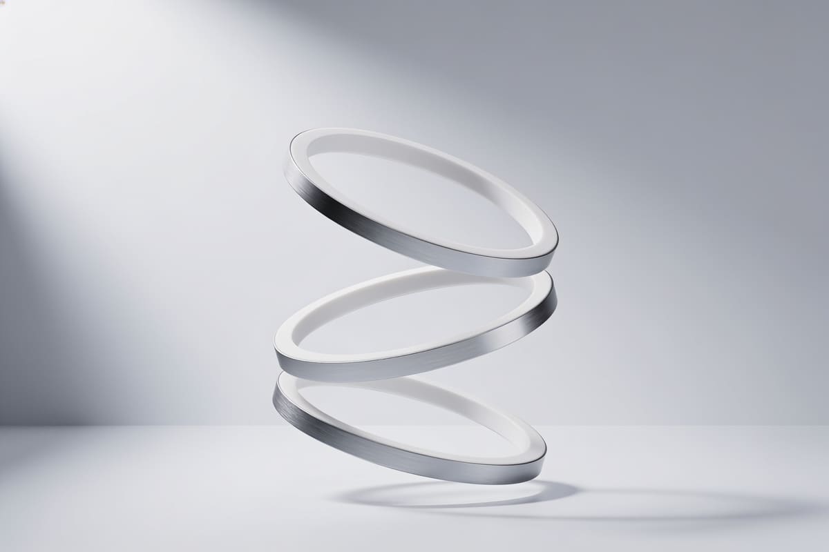 Three nested rings of white ceramic and silver on a light grey studio background