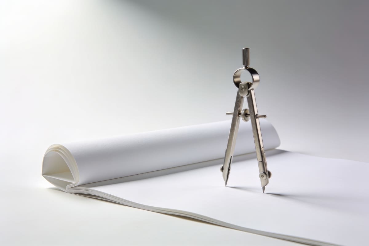A silver drafting compass resting on folded blank architect paper on a light grey studio background