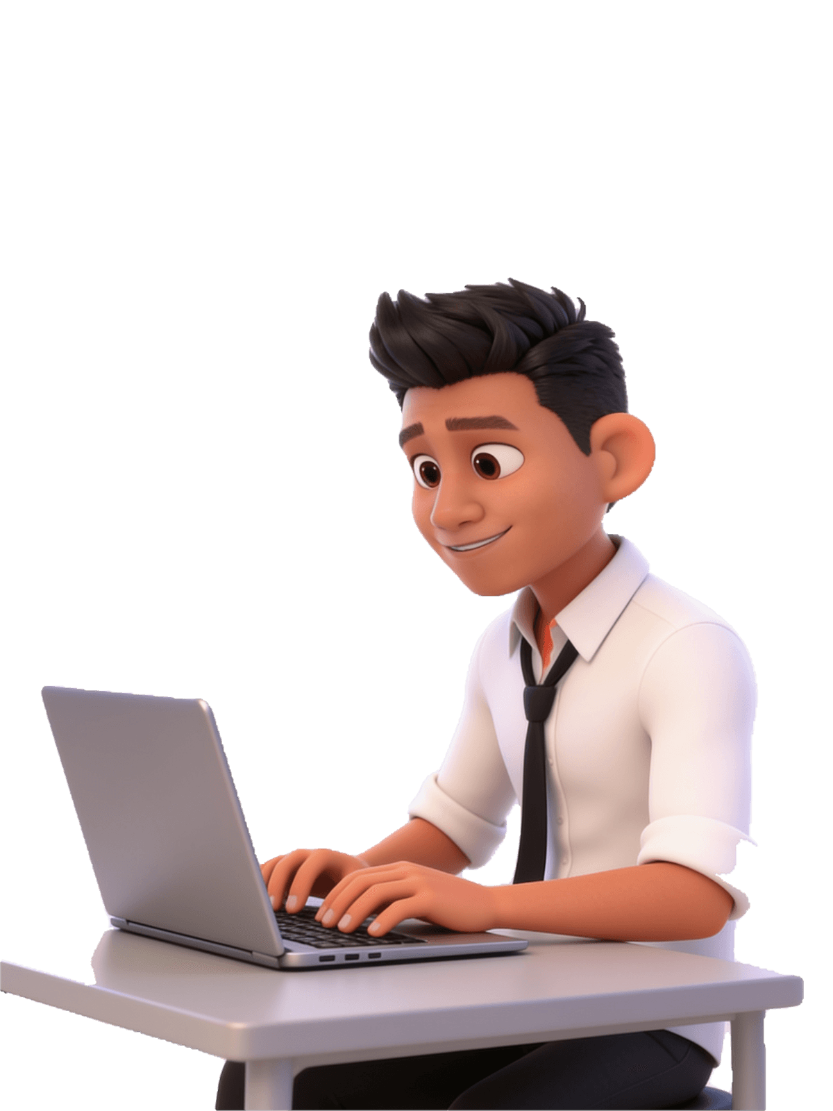 3D AI character of Pali building at a laptop