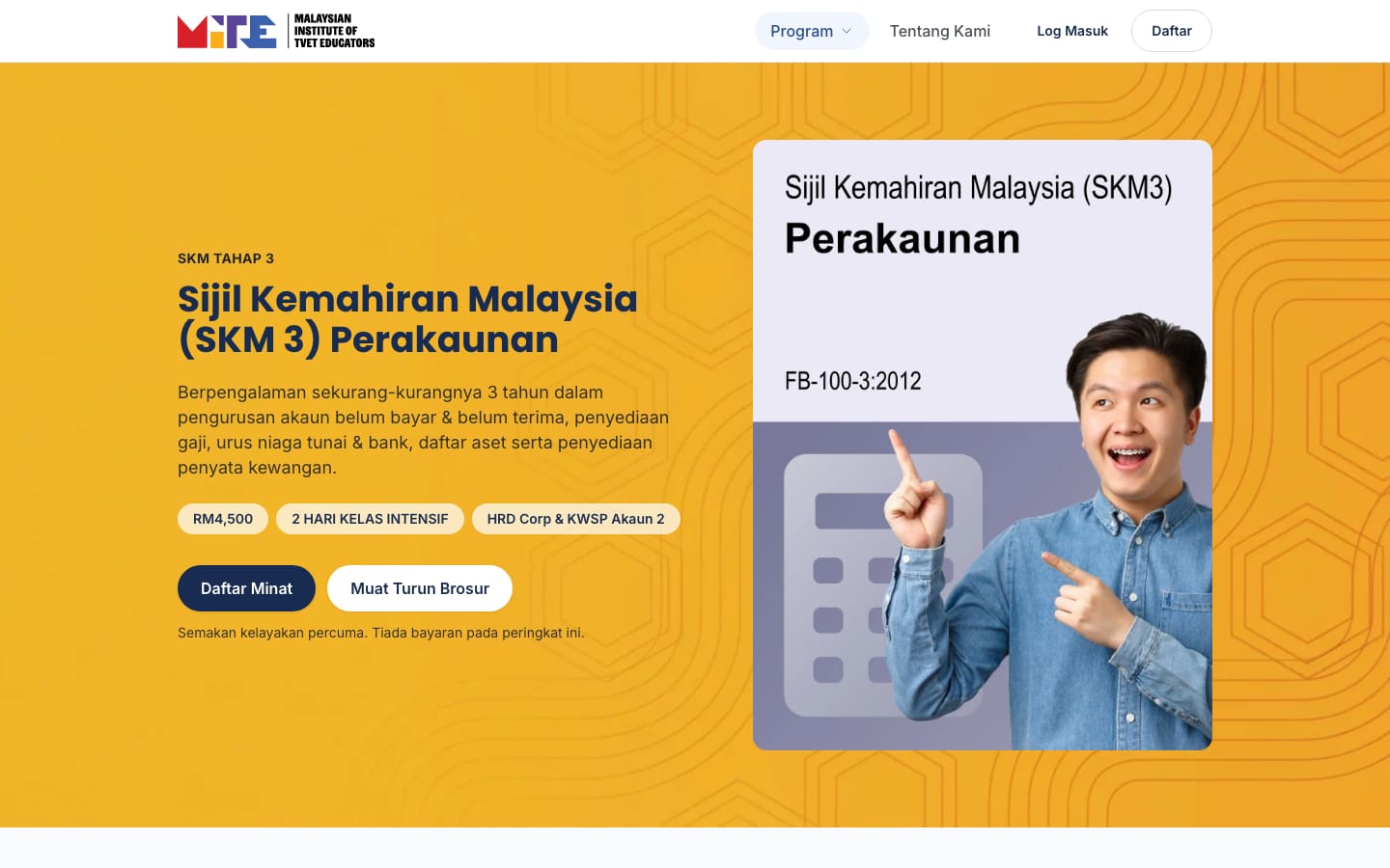 MITE course page for SKM Level 3 Accounting, with fees and funding tags