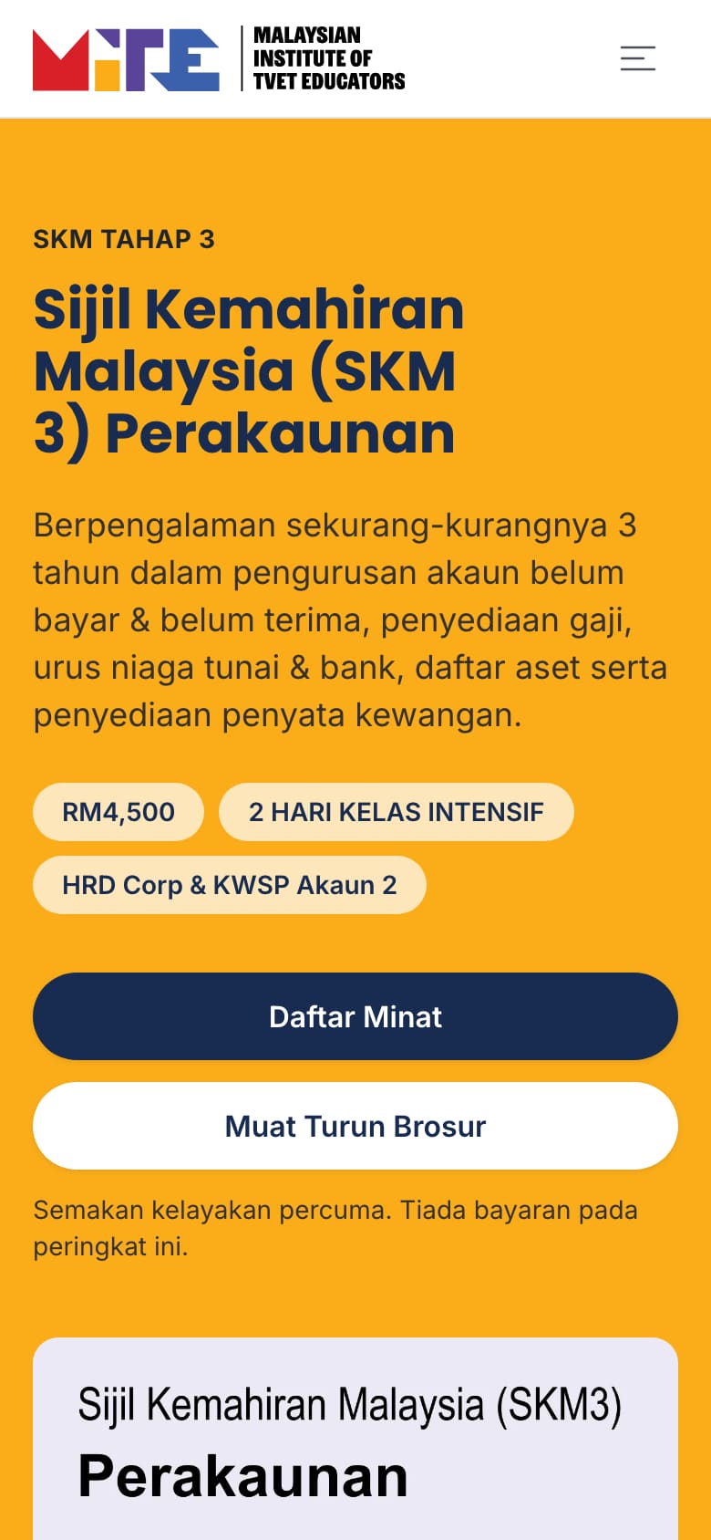 MITE course page for SKM Level 3 Accounting, with fees and funding tags (phone view)