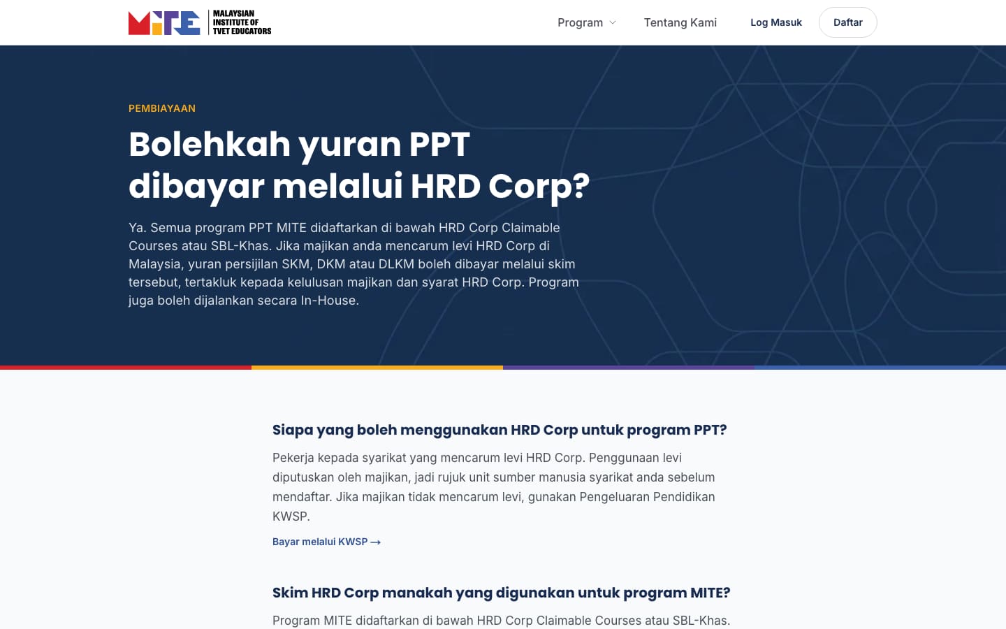 MITE funding page answering whether PPT fees can be paid through HRD Corp