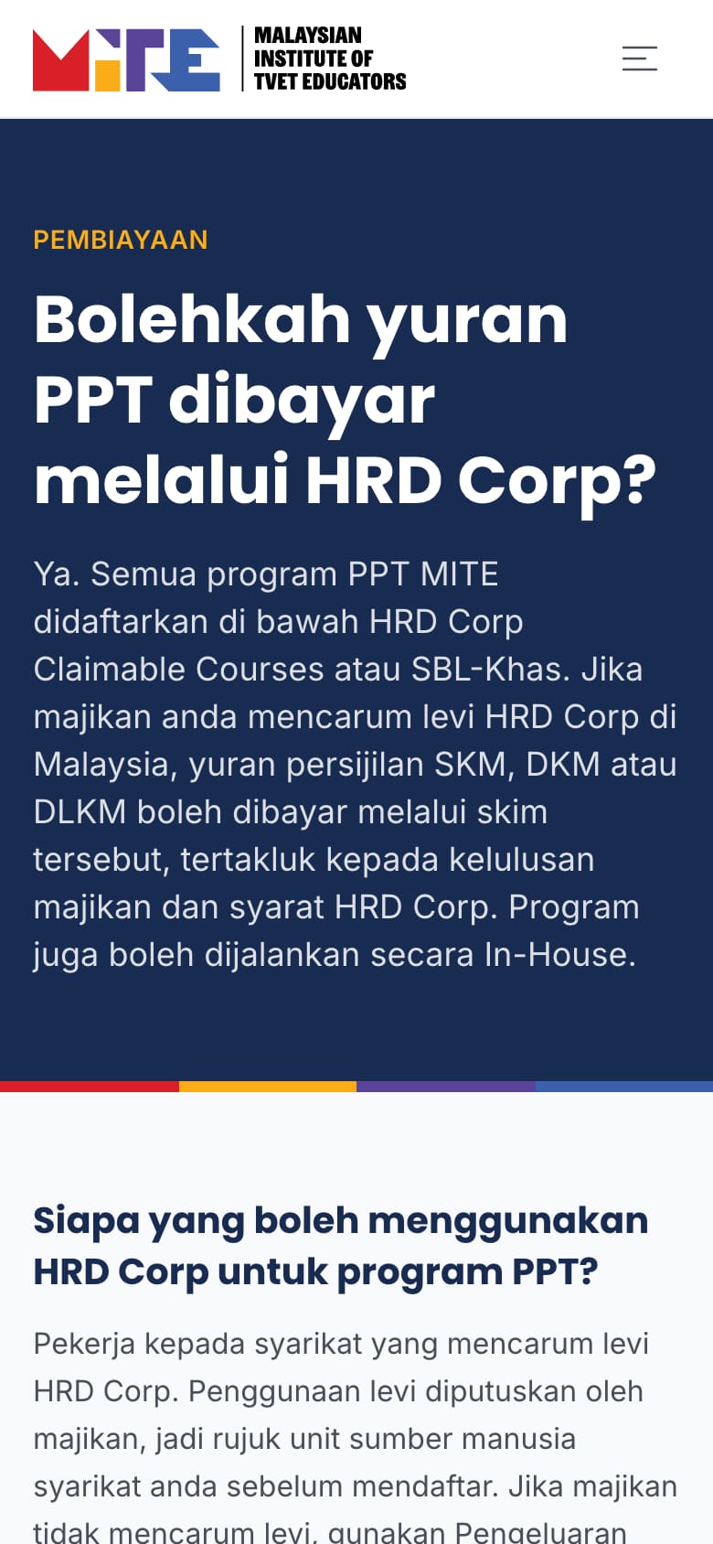 MITE funding page answering whether PPT fees can be paid through HRD Corp (phone view)