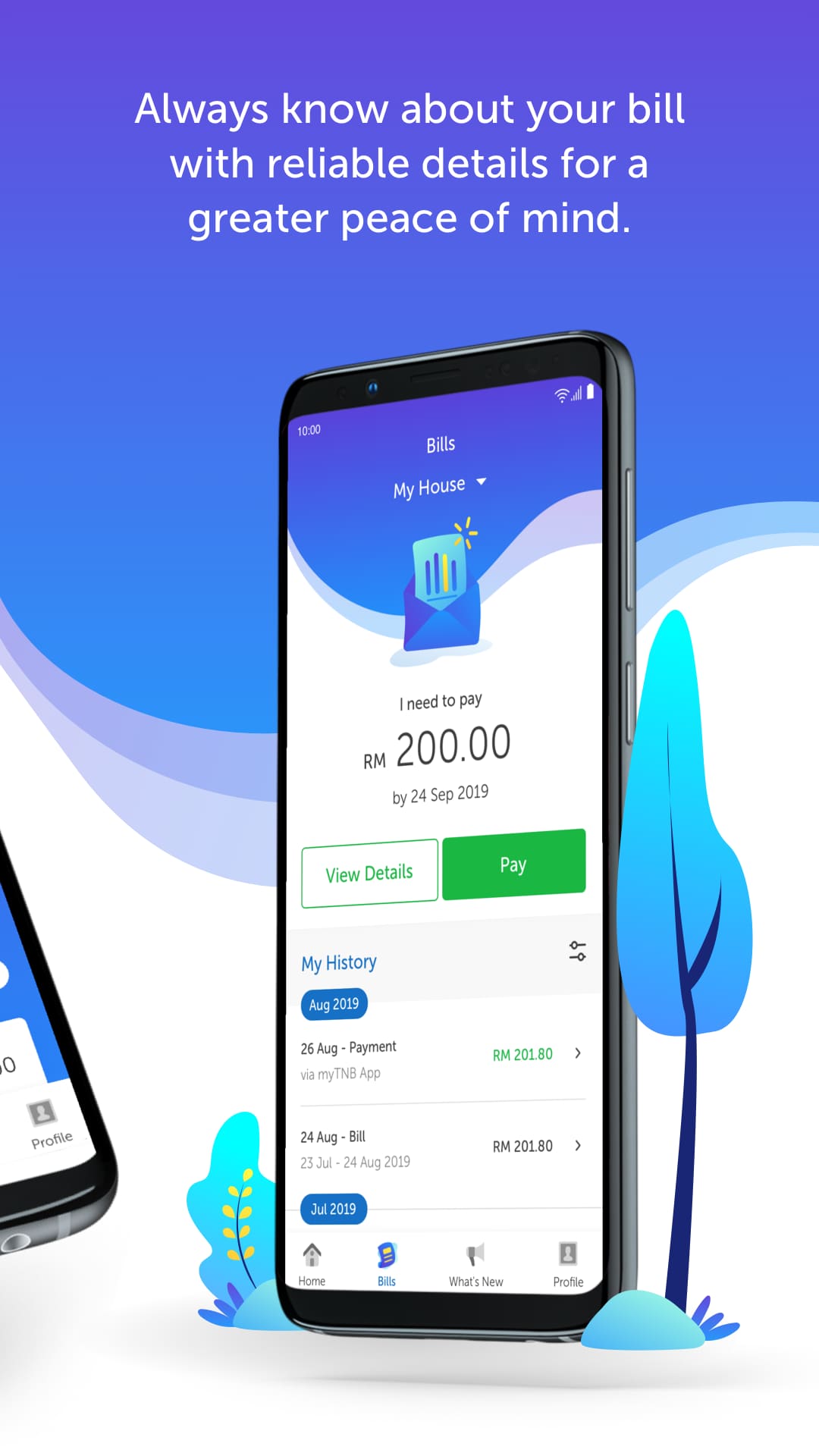 myTNB app store listing image: bills screen with the amount due, pay button and payment history (phone view)