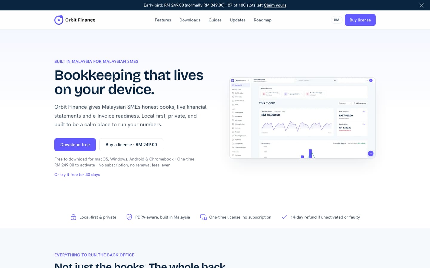Orbit Finance home page: bookkeeping that lives on your device, with a dashboard preview