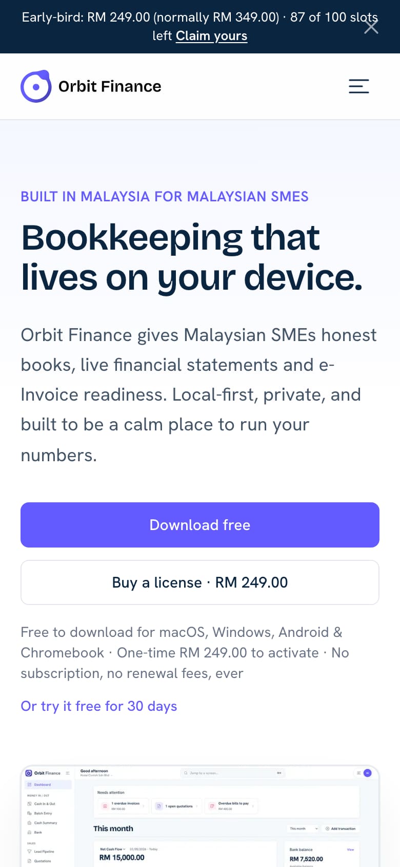 Orbit Finance home page: bookkeeping that lives on your device, with a dashboard preview (phone view)