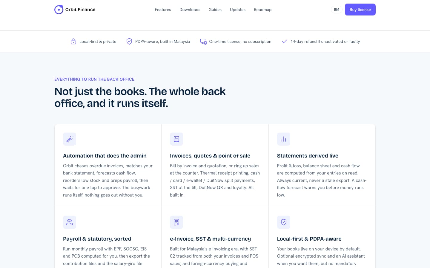Orbit Finance features grid: automation, invoices and point of sale, statements, payroll, e-Invoice and SST