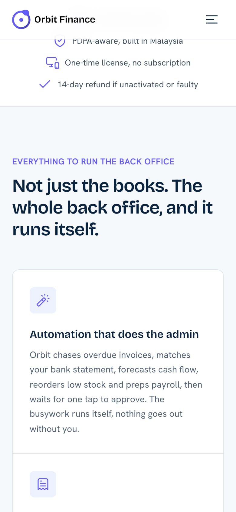 Orbit Finance features grid: automation, invoices and point of sale, statements, payroll, e-Invoice and SST (phone view)