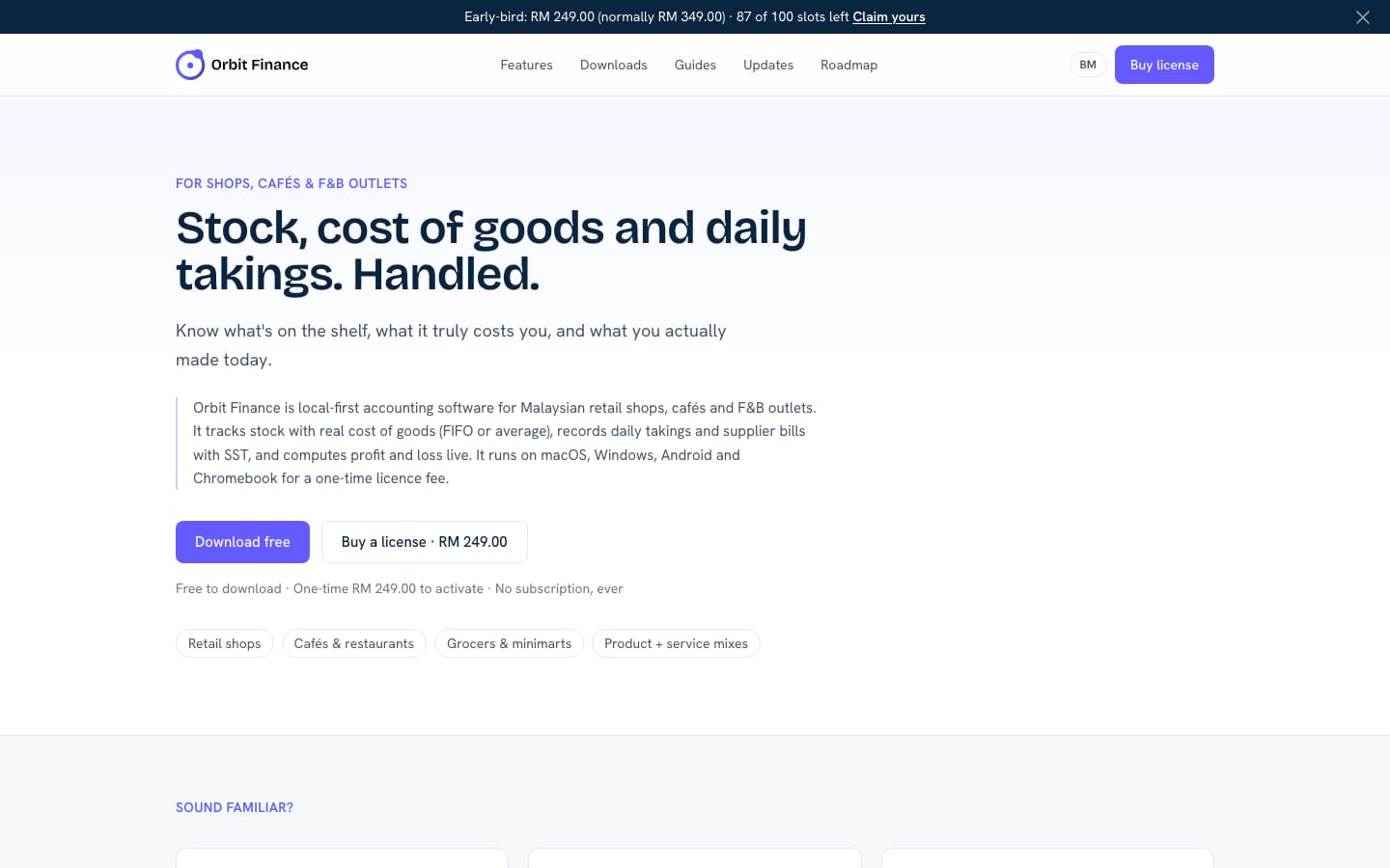 Orbit Finance page for shops, cafes and F&B outlets: stock, cost of goods and daily takings