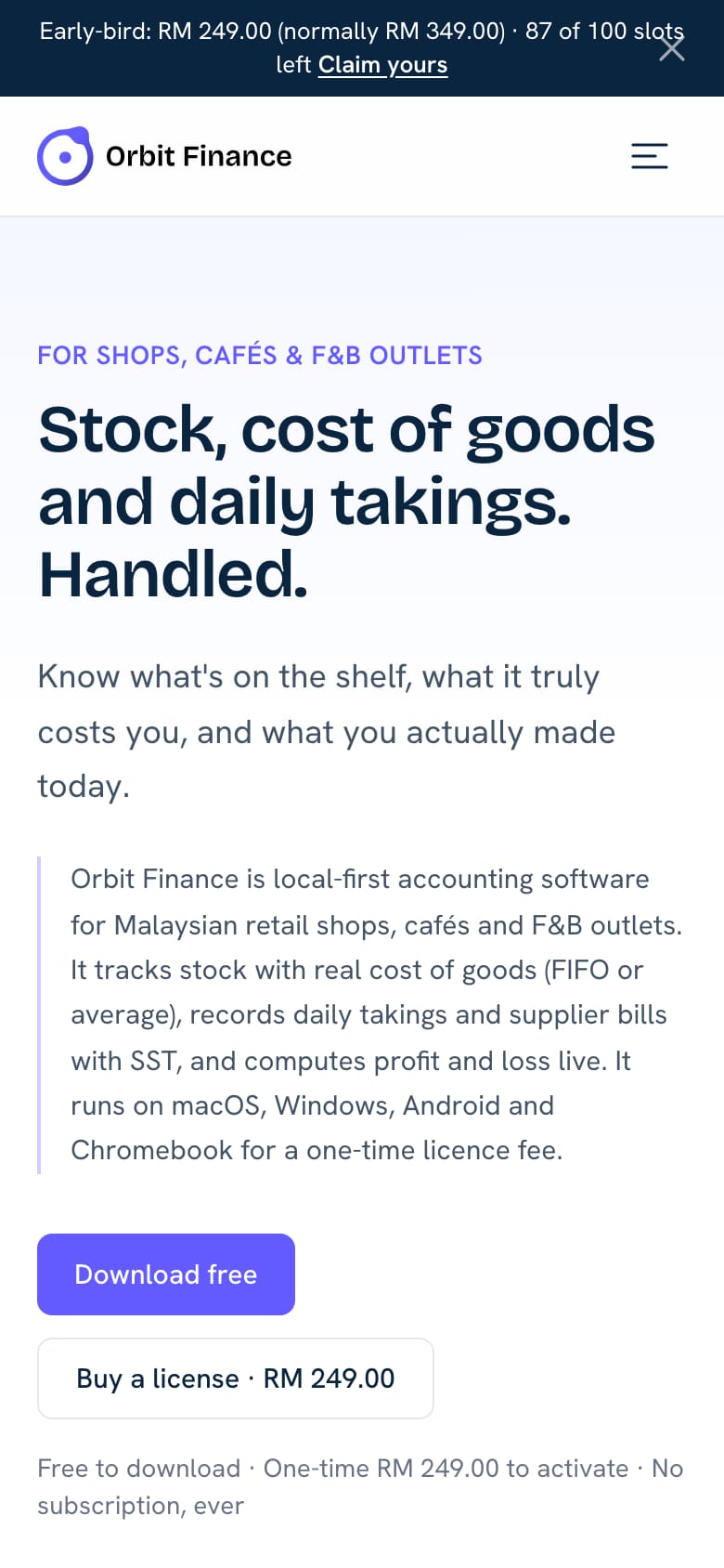 Orbit Finance page for shops, cafes and F&B outlets: stock, cost of goods and daily takings (phone view)