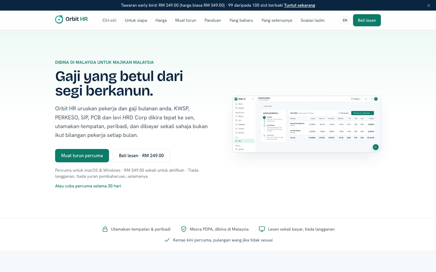 Orbit HR home page in Malay: statutory payroll for KWSP, PERKESO, SIP and PCB, with a payroll app preview