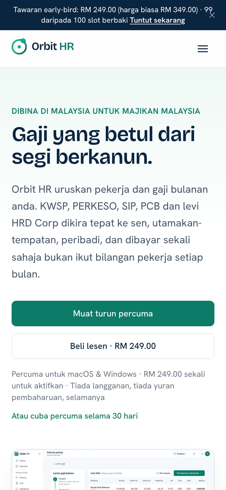 Orbit HR home page in Malay: statutory payroll for KWSP, PERKESO, SIP and PCB, with a payroll app preview (phone view)