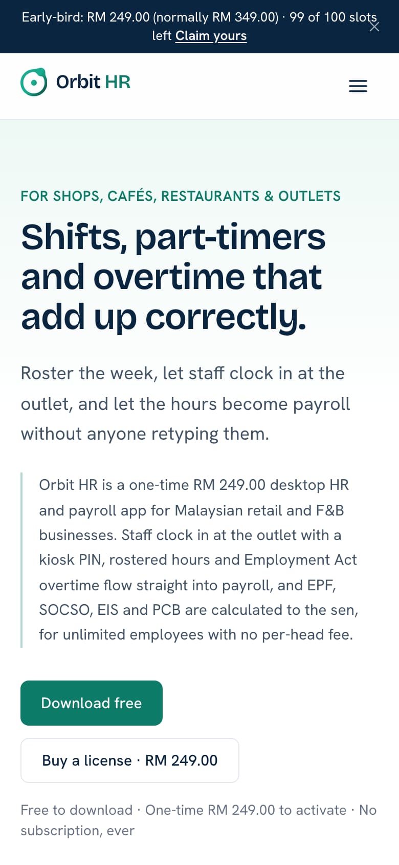 Orbit HR page for shops, cafes and restaurants: shifts, part-timers and overtime (phone view)
