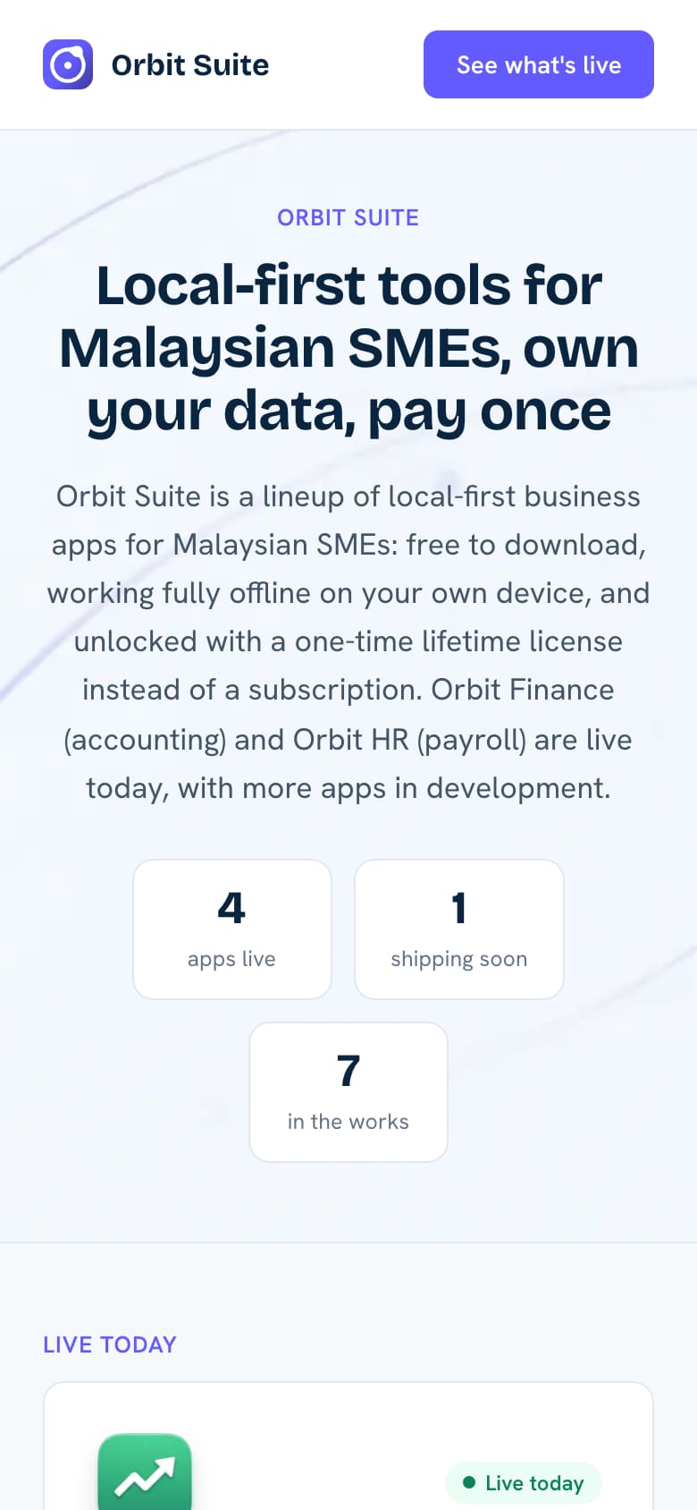 Orbit Suite home page: local-first tools for Malaysian SMEs, with live app counts and the Orbit Finance, HR and Marketing cards (phone view)