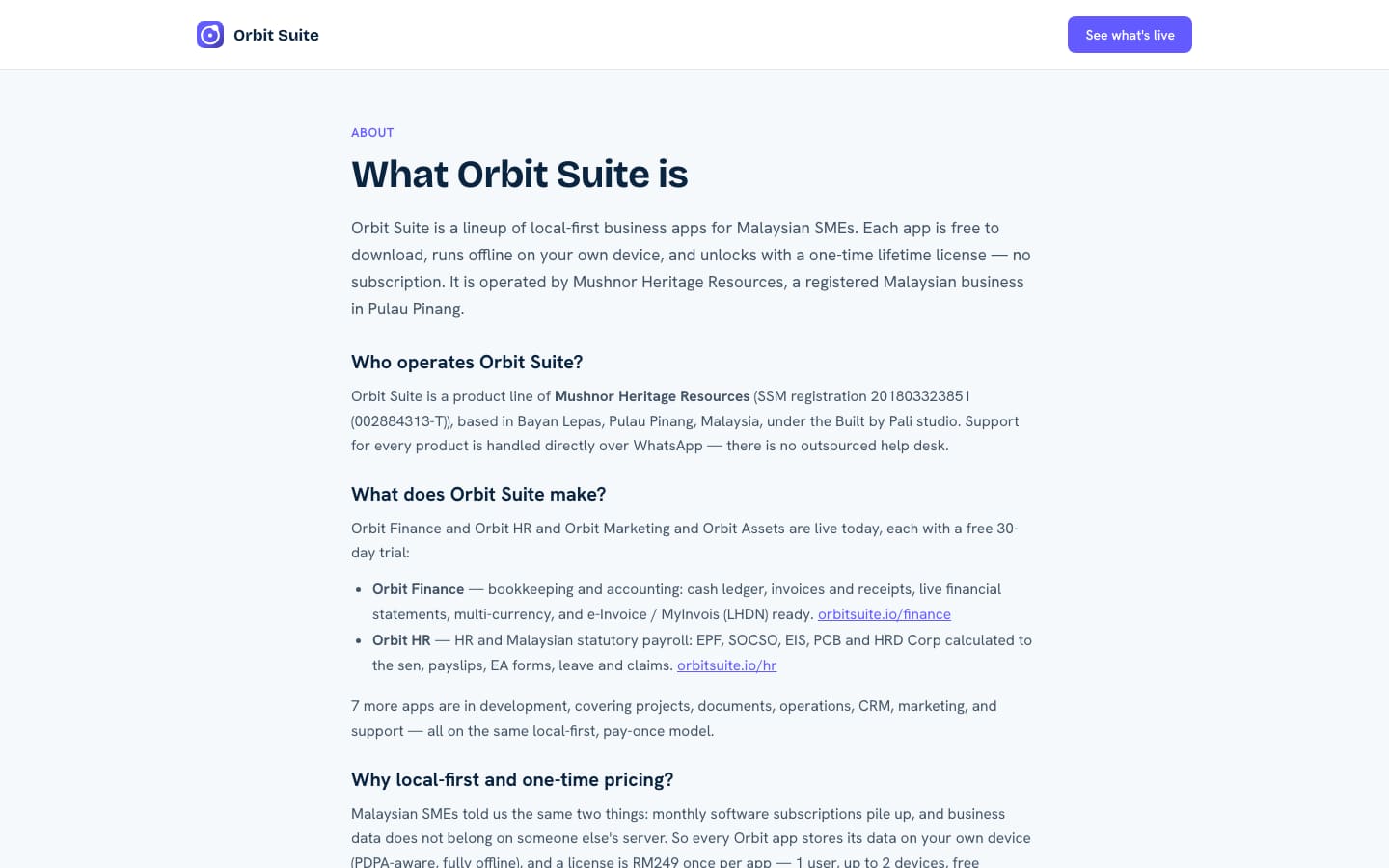 Orbit Suite About page explaining what the suite is and who operates it