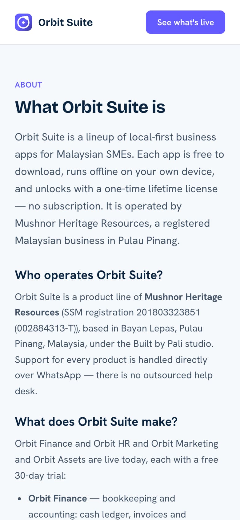 Orbit Suite About page explaining what the suite is and who operates it (phone view)