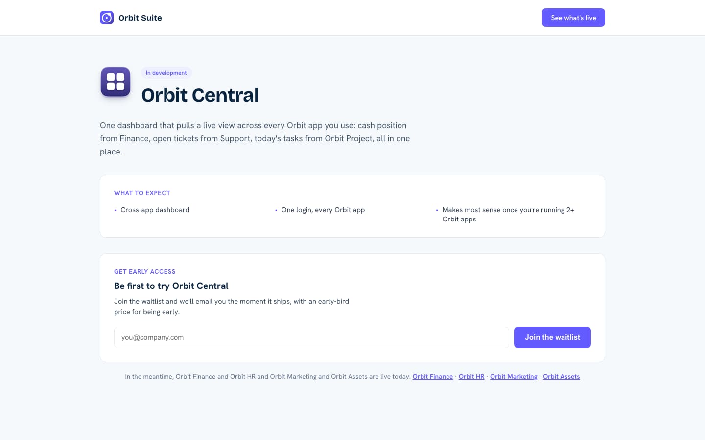 Orbit Central page: one dashboard across every Orbit app, with an early access waitlist