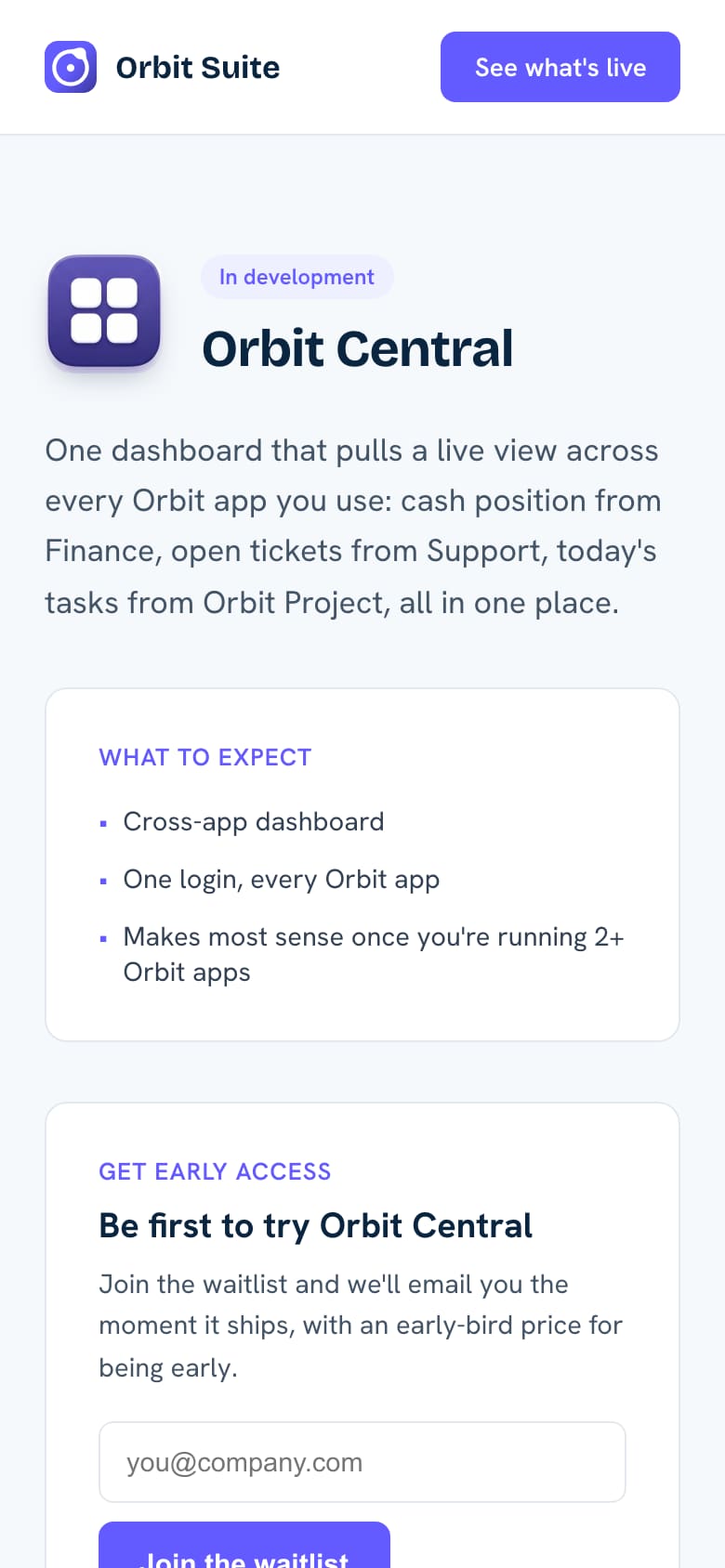Orbit Central page: one dashboard across every Orbit app, with an early access waitlist (phone view)