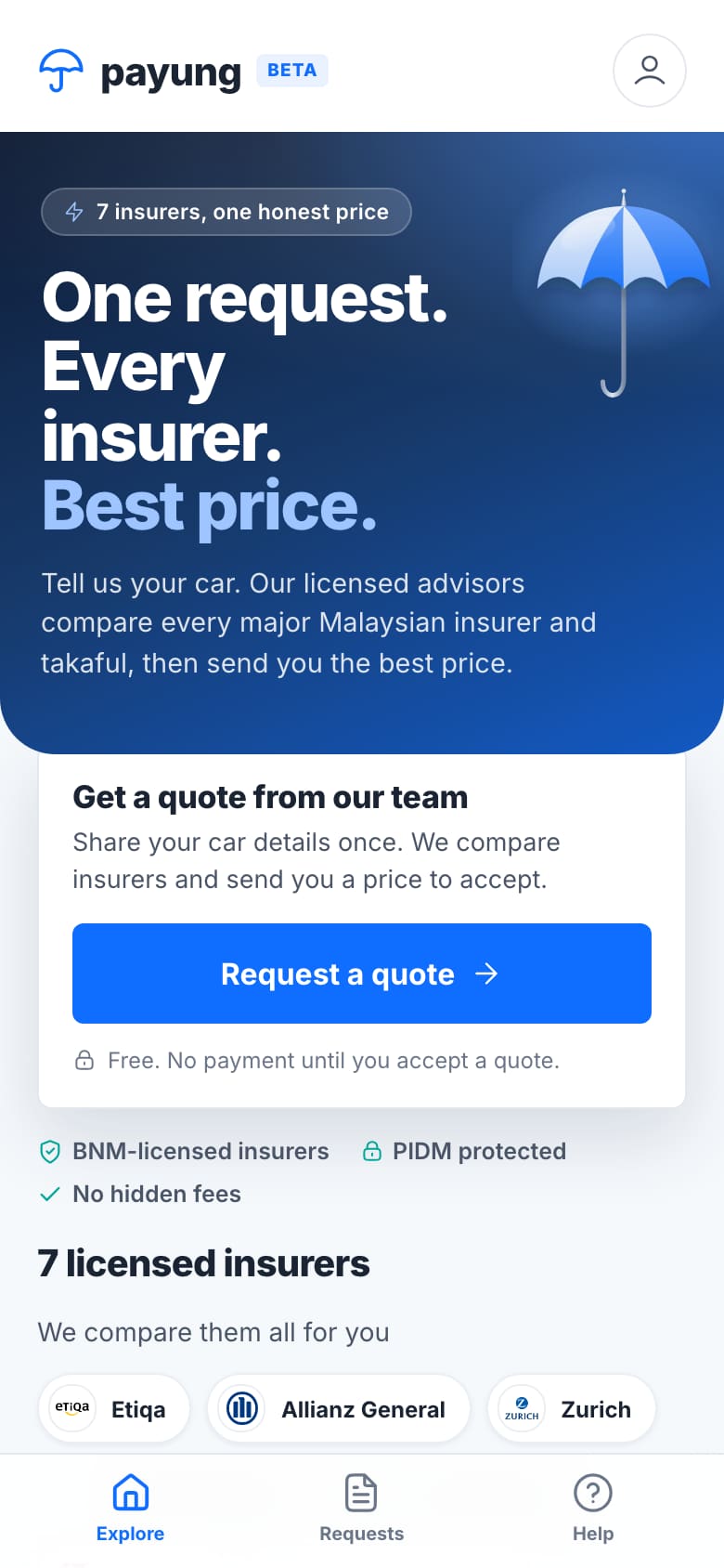 Payung home page: one car insurance request compared across seven Malaysian insurers (phone view)