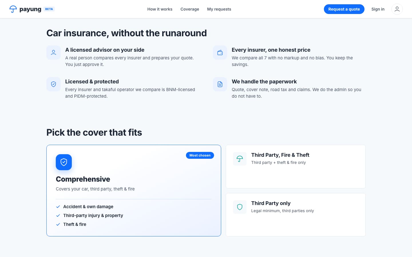 Payung benefits and cover options: comprehensive, third party fire and theft, third party only