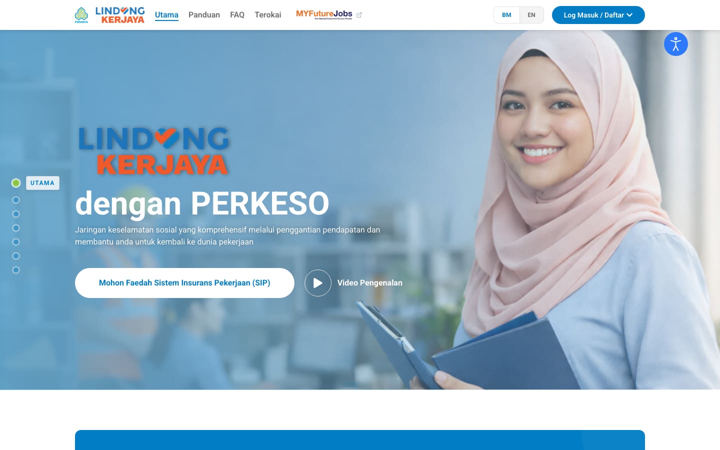 PERKESO Employment Insurance System public portal home page in Malay, with the SIP benefit application button