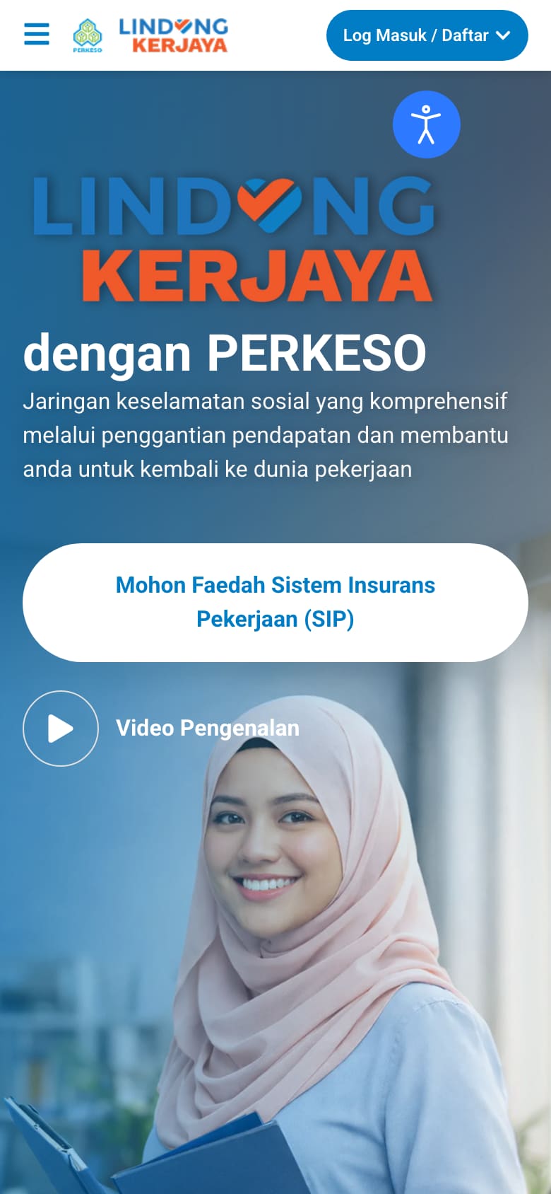 PERKESO Employment Insurance System public portal home page in Malay, with the SIP benefit application button (phone view)