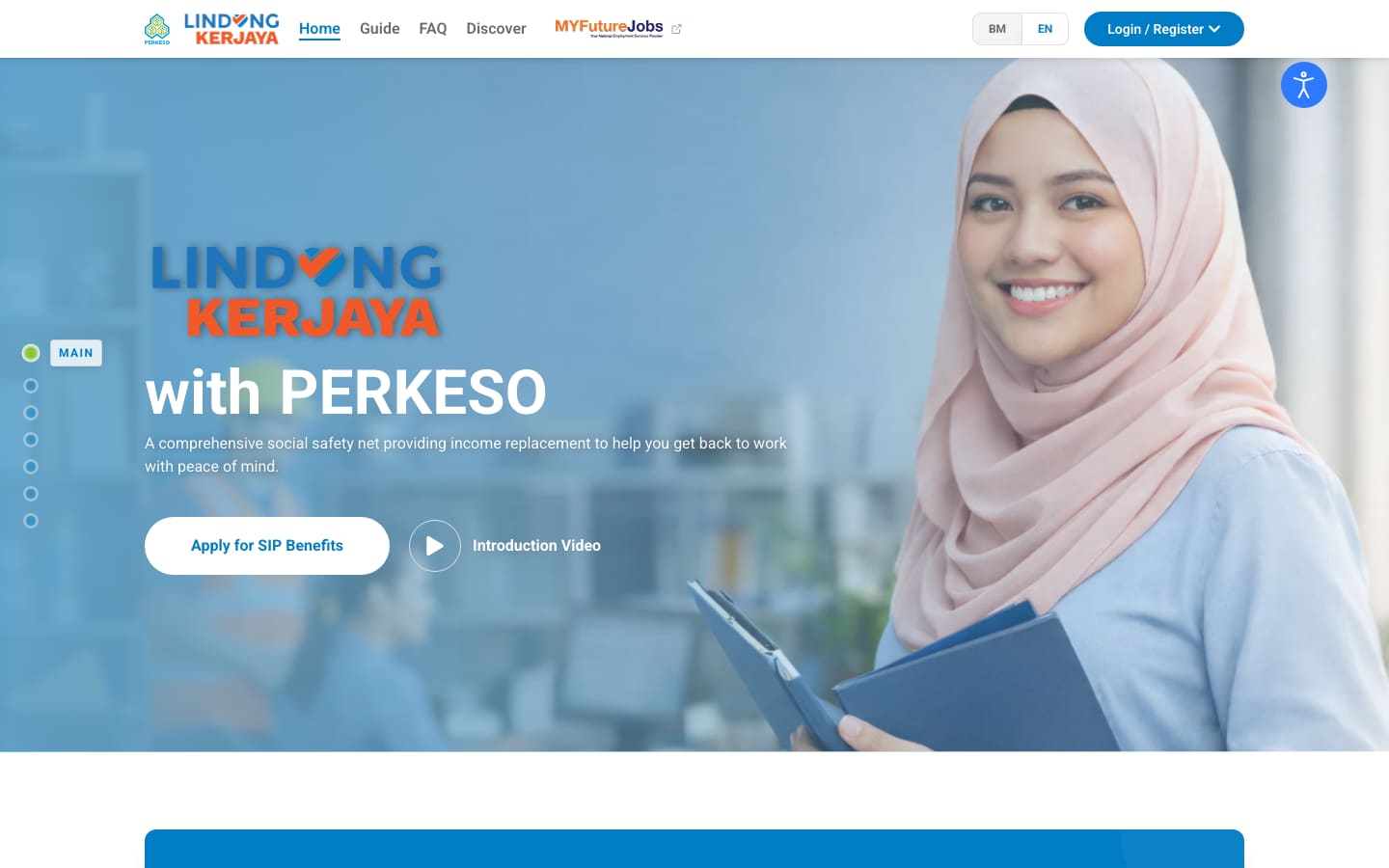 PERKESO Employment Insurance System public portal home page in English, with the apply for SIP benefits button